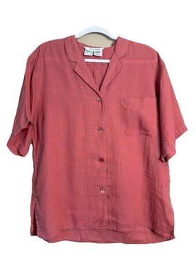 Max Mara 100% Linen Dusty Rose Pink Short Sleeve Camp Shirt Button Up sz 12 K13